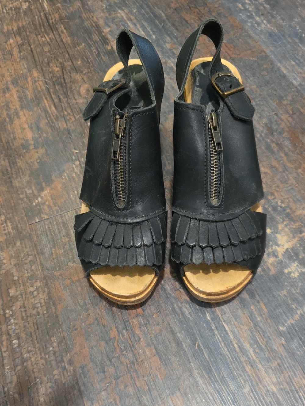 NO.6 StoreWomen's Black Leather Fringe Zip Slingback Clog Sandals Size 38